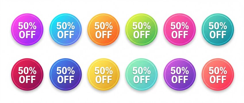 12 colorful circular badges or icons display fifty percent off in two rows, with gradients and soft gray shadows