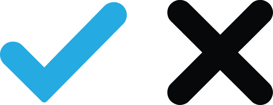 Blue check mark and black cross sign icons for true or false choice