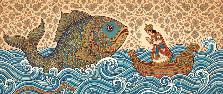 Ornate mythical blue fish and divine king praying in traditional boat amid stylized ocean waves