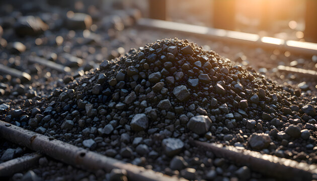 Dark stone gravel pile resting along heavy steel railroad track rails in industrial train transportation yard setting