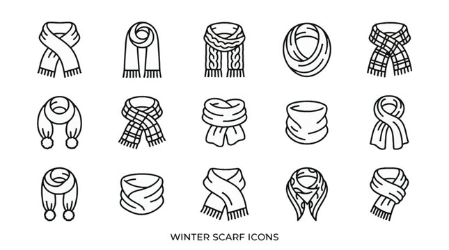 Collection of 15 line art icons representing various styles of winter scarves, displayed on a white background.