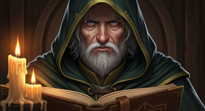 Old wizard with blue eyes and white beard reading an ancient book by candlelight, symbolizing wisdom, magic, and mystery