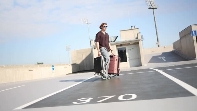 Young man carries two suitcases across a parking area during relocation starting a new chapter and moving his belongings to another home as he begins a fresh life abroad