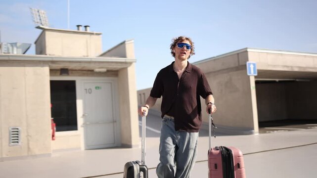 Young man runs with two suitcases afraid of being late as he races toward his dream turning travel into a symbolic pursuit of new opportunities and a brighter future ahead