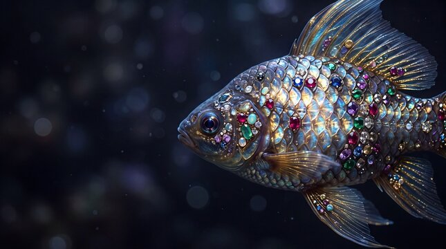 Divine jeweled fish glowing in dark cosmic waters with precious gems