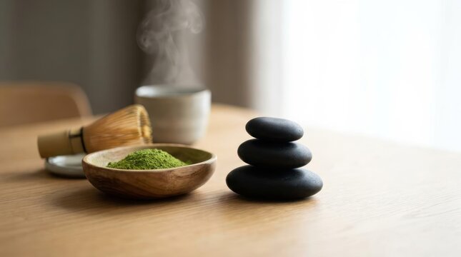 Zen stones and matcha tea set on a wooden table
