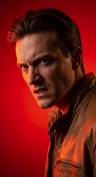 Man with angry expression in brown leather jacket against red background, symbolizing intensity, power, and a rebellious spirit.