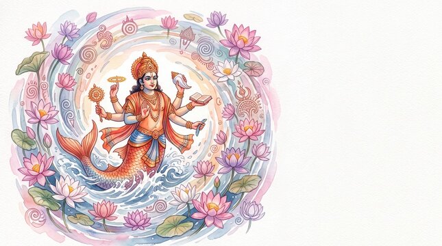 Watercolor illustration of divine multi armed figure with fish tail