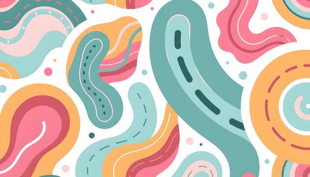 The image features an abstract pattern composed of various organic, amoeba like shapes in soft pastel colors, including shades of pink, blue, orange, and green