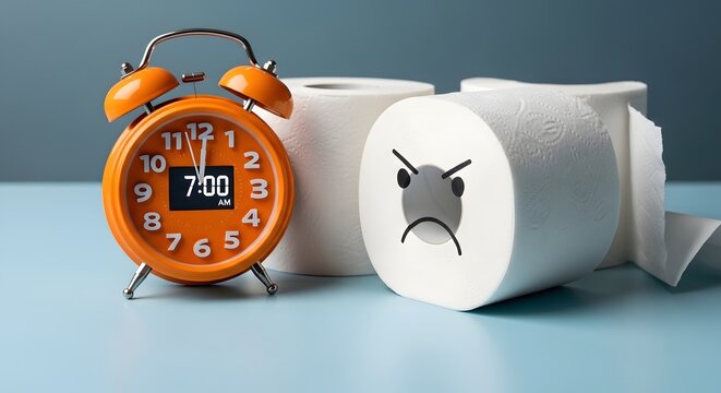 Orange alarm clock and toilet paper rolls on blue surface