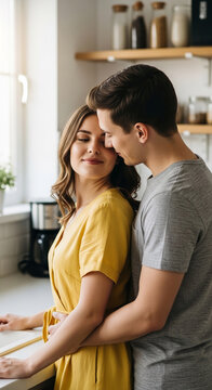 Couple embracing in kitchen, showcasing intimacy and affection, symbolizing love and togetherness, perfect for lifestyle or relationship concepts