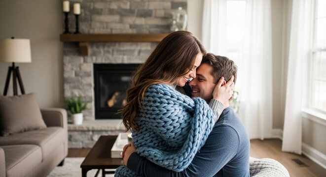 Couple embracing under a knitted blanket, conveying intimacy and comfort in a cozy living room setting, representing love and connection.