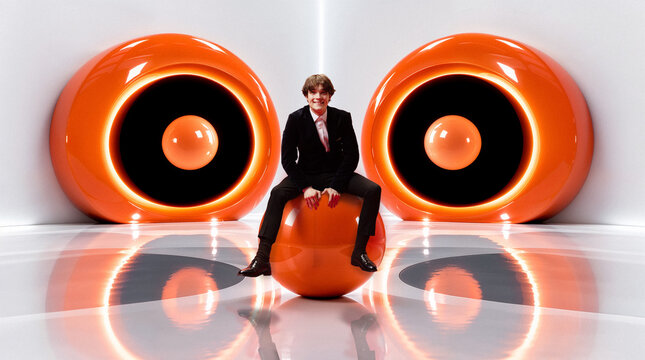 Smiling young man sits among glowing orange sculptures in futuristic studio with playful Halloween excitement. Seasonal events, party invitations, surreal entertainment concept.