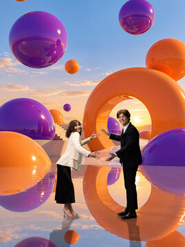 Stylish young couple welcomes guests in surreal orange landscape with cheerful energy. Festive events, seasonal greetings, party entertainment concept.