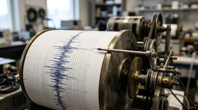A close up view of a vintage seismograph machine recording seismic activity during an earthquake on a rotating drum of graph paper with jagged blue ink lines, underscoring the seismometer