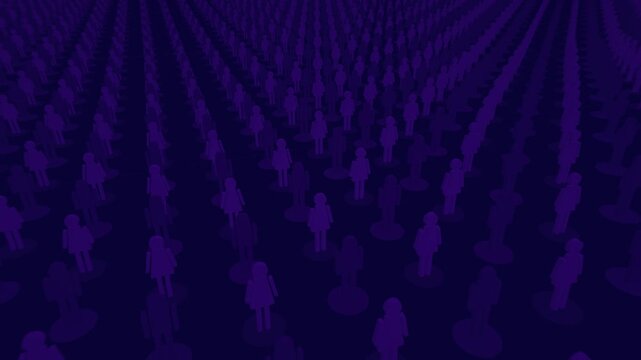Vast uniform array of silhouette humanoid figures receding into darkness in a deep monochrome purple cyberpunk dystopian 3D motion background