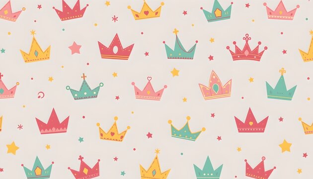 The image features a playful pattern of colorful crowns scattered across a light background