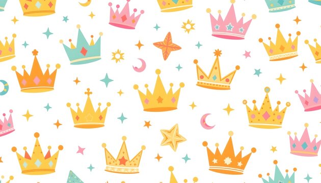 The image features a pattern of colorful crowns interspersed with celestial elements such as stars, moons, and a starfish