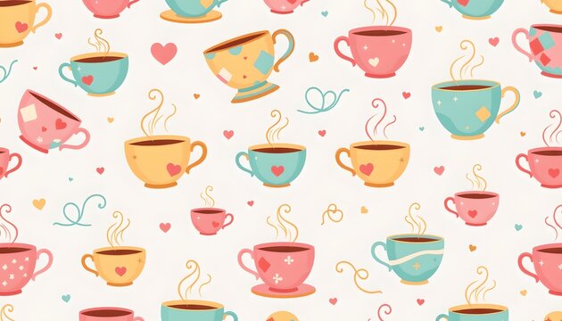 The image features a playful pattern of steaming teacups arranged randomly across a light background