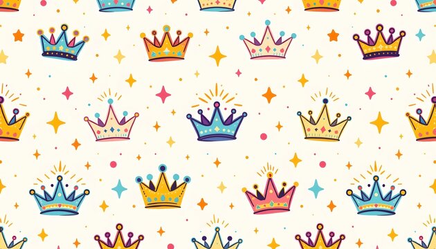The image features a playful pattern of crowns scattered across a light background
