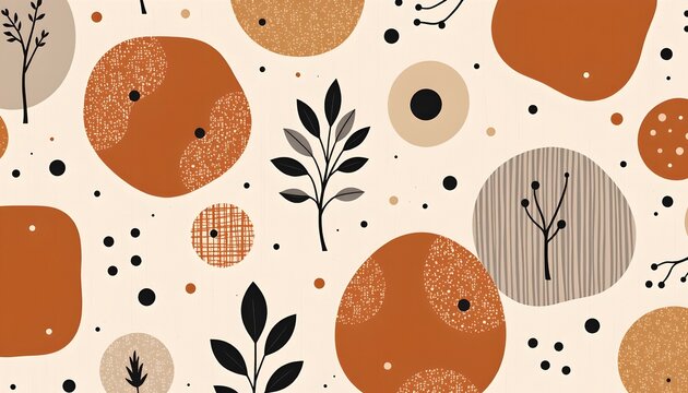 The image features a pattern composed of various abstract shapes, primarily circles and irregular blobs, in earthy tones such as rust, beige, and brown