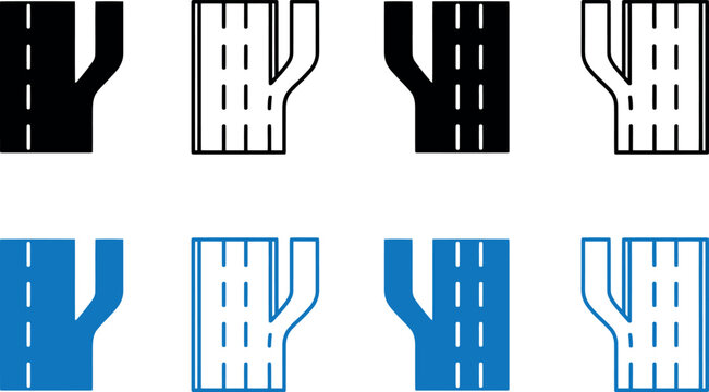 Set of highway road junction icons with lane markings in flat vector style for navigation design