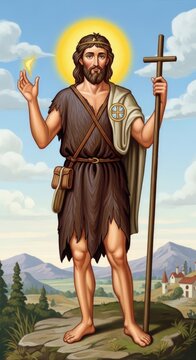 Sacred wilderness precursor: Saint John, holy Baptist, desert prophet, wooden staff, golden halo, animal skin, hold flame, stand barefoot, scenic mountain, green tree, blue sky.