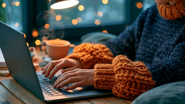 Person typing on a laptop while wearing a cozy knitted sweater, working indoors with a hot drink and warm ambient lighting