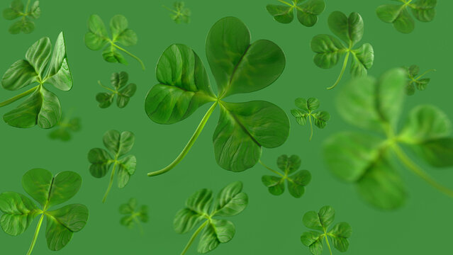 Floating Green Clover Leaves on Vibrant Green Background