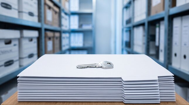 Metal key resting on a stack of white office archive folders in a file room representing transparency and solution for International Anti-Corruption Day