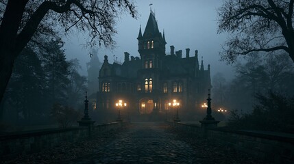 Obraz premium Spooky Old Gothic Castle Under Fog at Night With Lit Windows