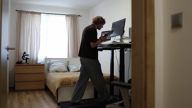 Young man reads a tablet while walking on a treadmill at his standing desk combining digital learning with daily exercise and an active productive home office routine