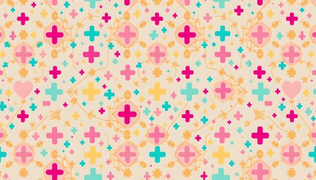 The image features a colorful, playful pattern composed of plus signs, hearts, stars, and circular shapes in pastel pink, yellow, teal, and peach tones
