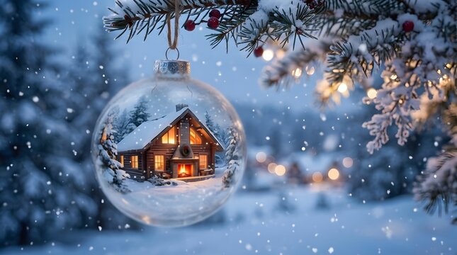 A cozy christmas scene reflected in a glass ornament evoking warmth and holiday cheer