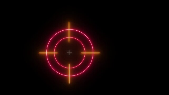 Glowing neon target icon animation on black screen. Neon aims cross, target search and aiming animation. Crosshair, gun aim, sniper target concept. 4k video Animation.