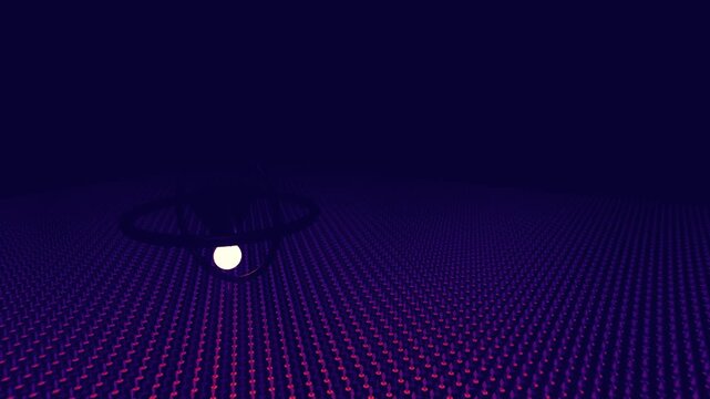 Single luminous white orb hovers over a vast dark plane filled with glowing purple digital human avatars in a 3D animation