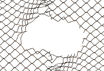 Naklejka na ściany i meble The texture of the metal mesh on a white background. Torn steel, metal mesh with holes