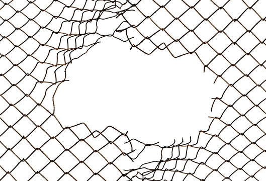 The texture of the metal mesh on a white background. Torn steel, metal mesh with holes