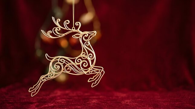 A beautifully illuminated reindeer silhouette shines brightly against a festive warm red christmas background