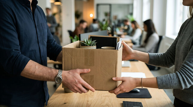 Collateral handover of personal items in an office workspace layoff scenario
