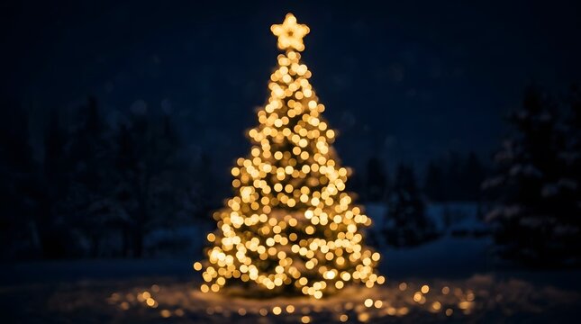 A brilliantly lit christmas tree shines brightly against the dark night sky radiating festive joy