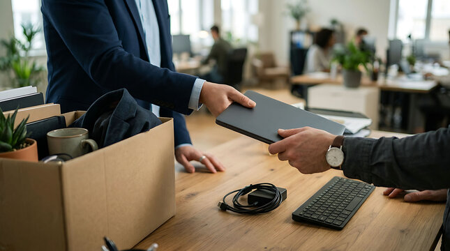 Employee returning company laptop and gear during job termination in office