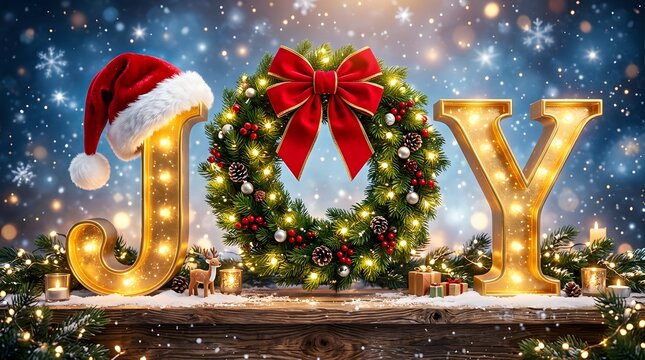 A festive christmas scene featuring a bright 'joy' sign a wreath and santa's hat spreading holiday cheer