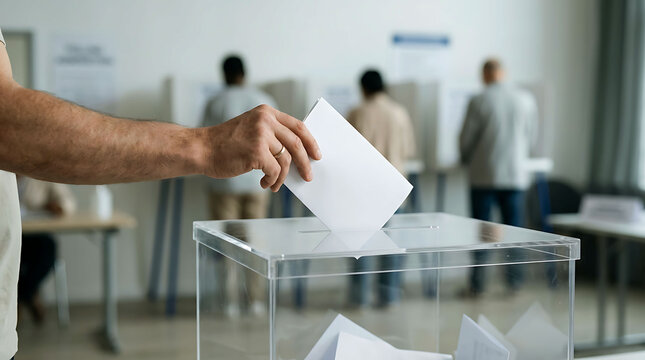 Close-up of a voter casting their ballot paper into a transparent box in poll