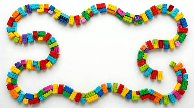 Colorful plastic toy building bricks arranged in a winding border pattern