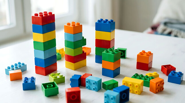Colorful plastic toy building blocks arranged in towers on a white table