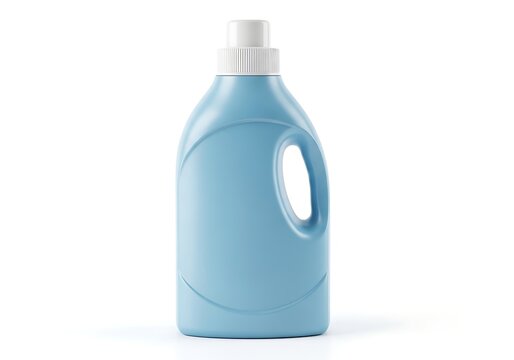 Blue plastic bottle of liquid laundry detergent or fabric softener with a white cap