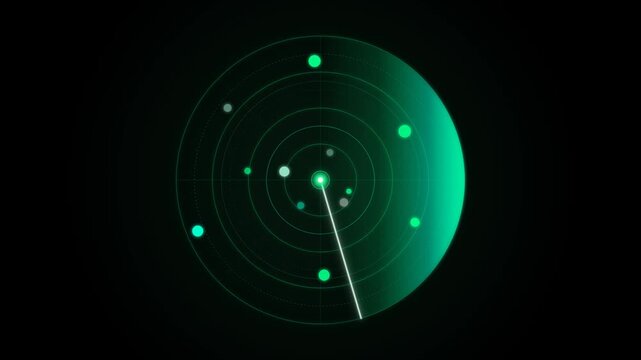 Futuristic radar scanning interface with rotating sweep beam, glowing targets, pulse rings, digital grid and advanced surveillance technology visualization.