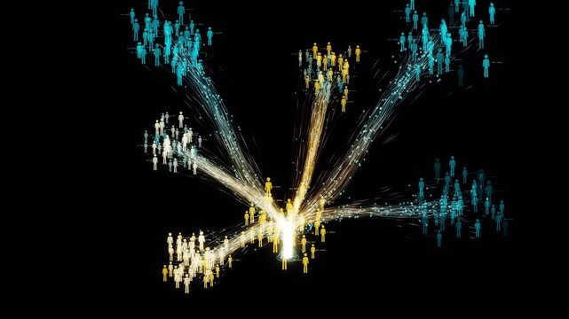 Bright central light beacon shoots glowing data streams connecting to segmented clusters of human avatars in a 3D animation