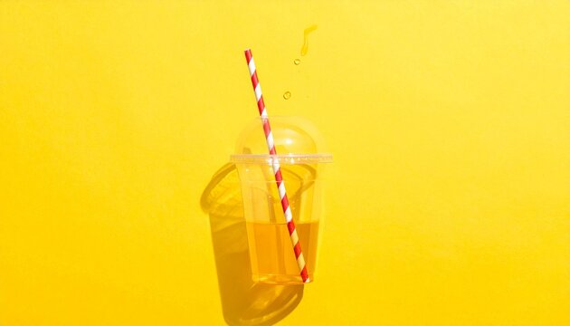 Clear plastic disposable cup with a red and white patterned drinking straw for cold drinks isolated on transparent background , PNG
